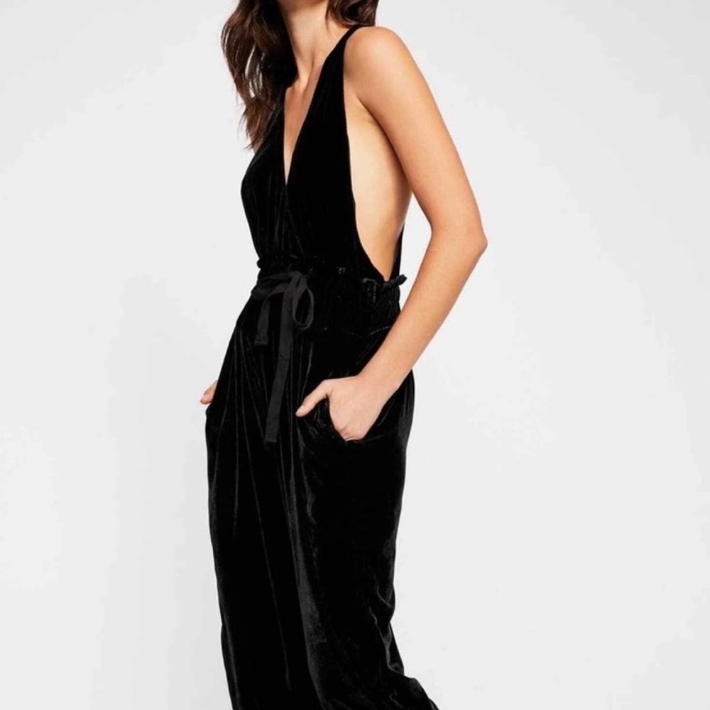 Free People Black Velvet Deep-V Jumpsuit